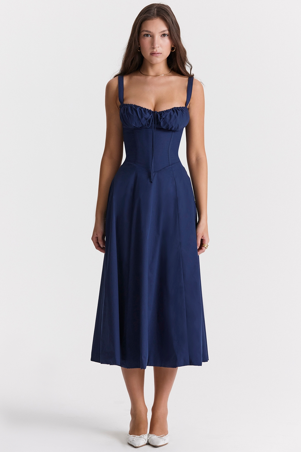 Vivienne – Rochie Midi de Damă cu Corset Romantic Bleumarin