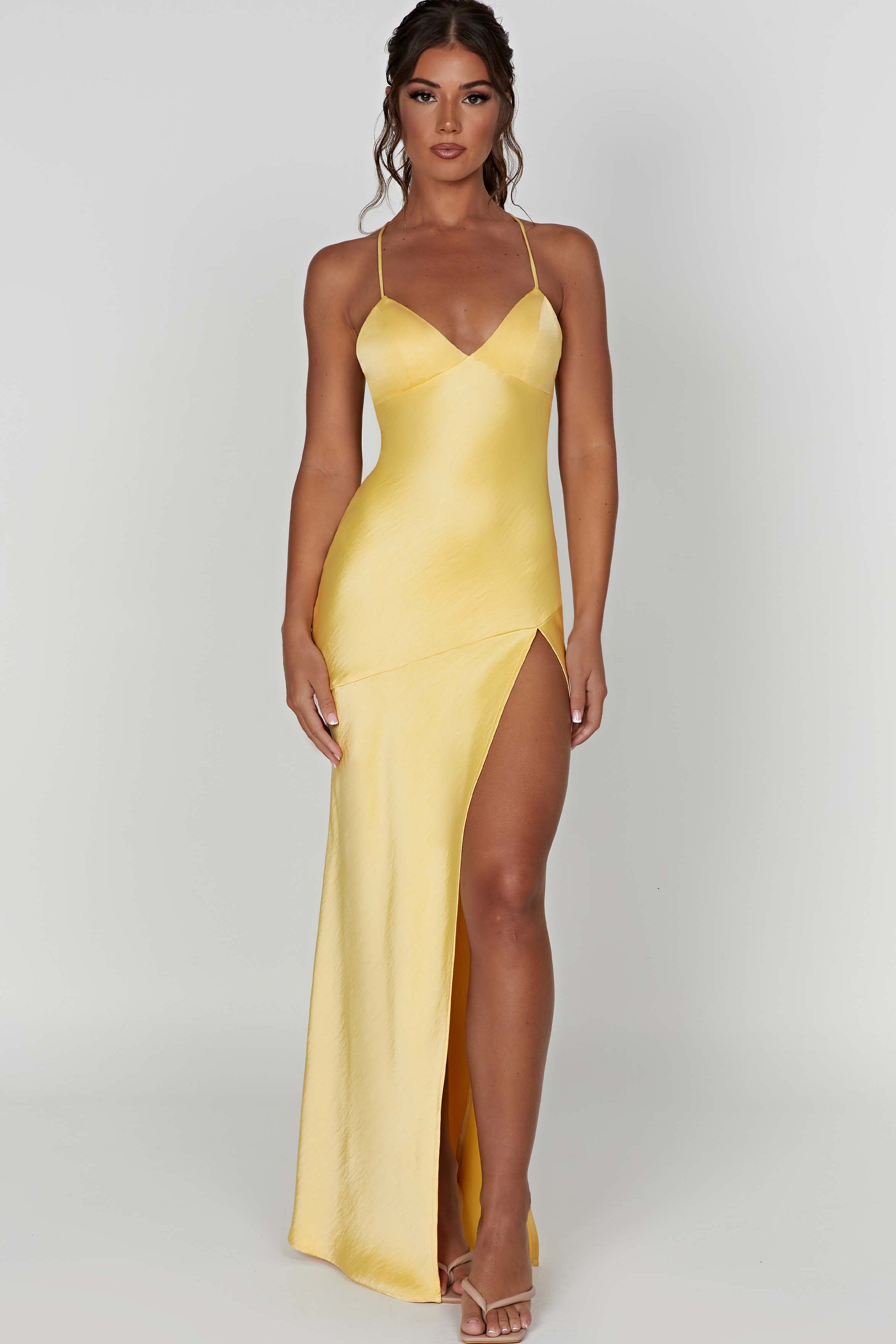 Meliva – Rochie Maxi de Damă cu Decolteu Înalt Satinată