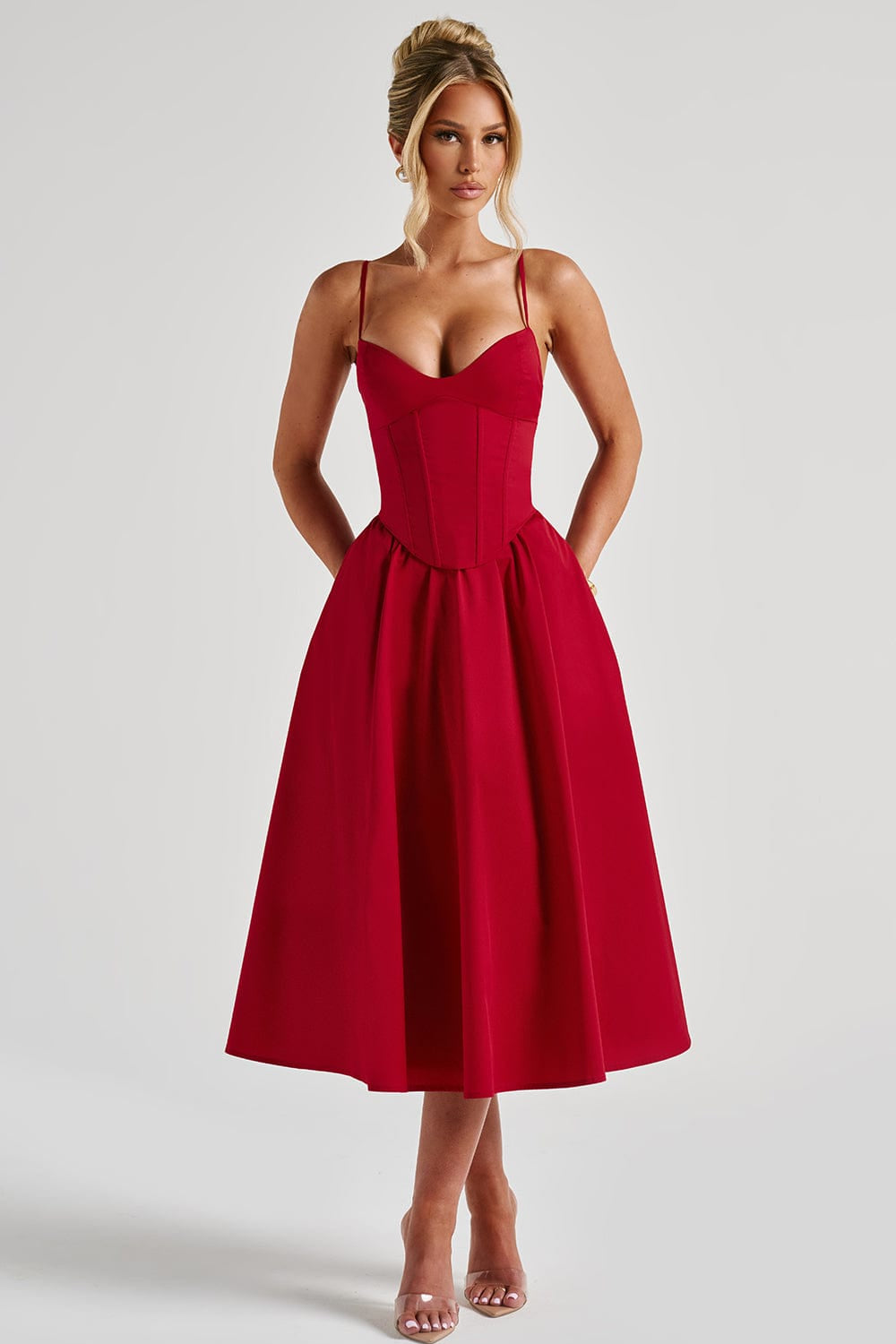 Grace – Rochie Midi Corset Elegantă Roz Blush